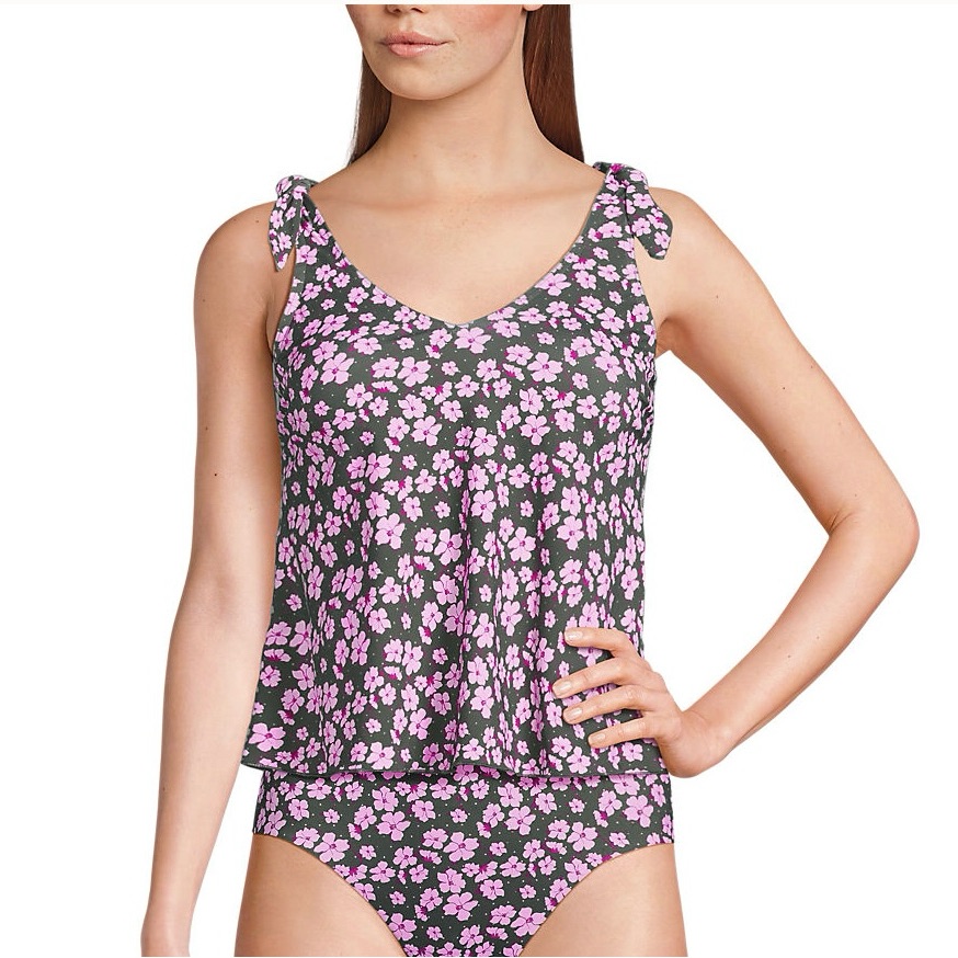 Lands' End Tie Shoulder Ribbed Flutter Tankini Top Pink Floral